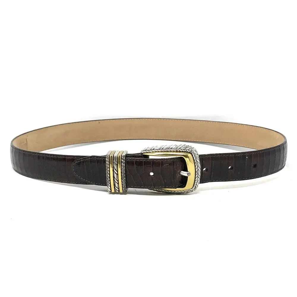 Brighton Croc Embossed Leather Belt Womens M/30 Brown Silver Gold Buckle Glam